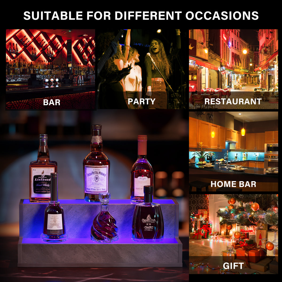 LED Lighted Liquor Bottle Display Shelf, 20 Inch Bar Display Shelf, DIY Illuminated Bottle Shelf with App & Remote Control, 2 Step Freestanding Holding Bottles for Home Bar, Party, Grey - image 2