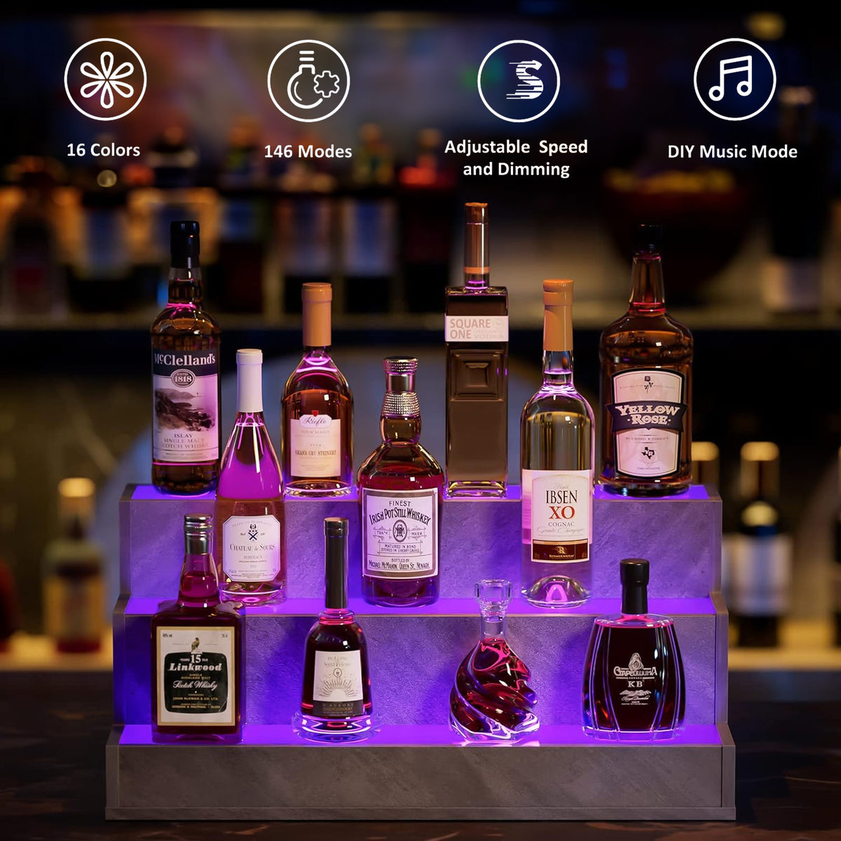 LED Lighted Liquor Bottle Display Shelf, 24 Inch Bar Display Shelf, DIY Illuminated Bottle Shelf with App & Remote Control, 3 Step Freestanding Holding Bottles for Home Bar, Party, Grey - image 6