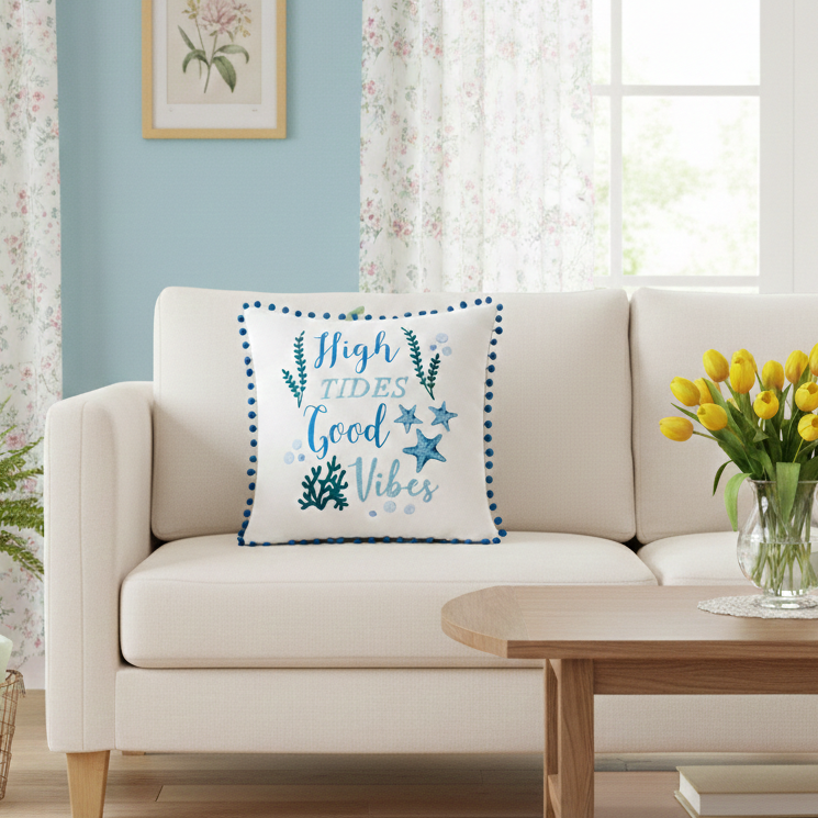 Summer Beach Themed Embroidered Decorative Pillow