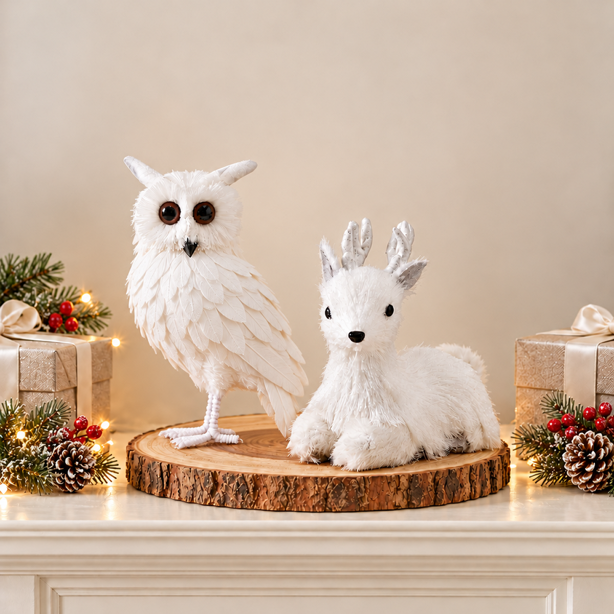 White Woodland Owl or Sitting Deer Figurine, Christmas Decor