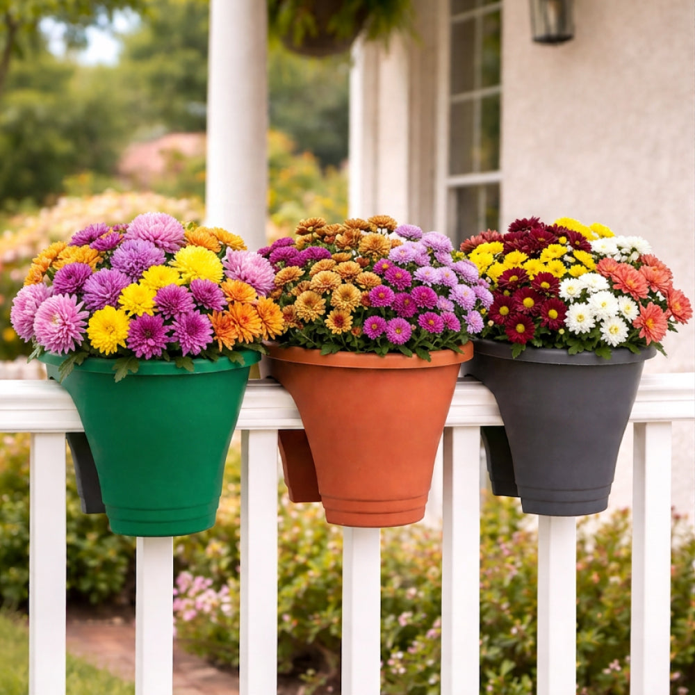 Three colorful hanging flower pots filled with mums and chrysanthemums, displayed on a white porch railing with a garden and house in the background.