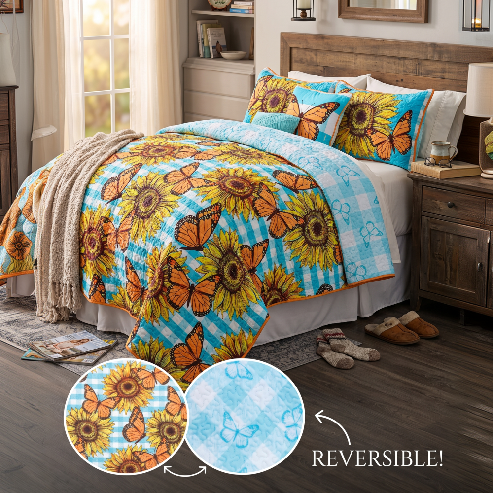 Sunflower Butterfly Full/Queen or King Quilt, Sham, or Decorative Pillow20260820