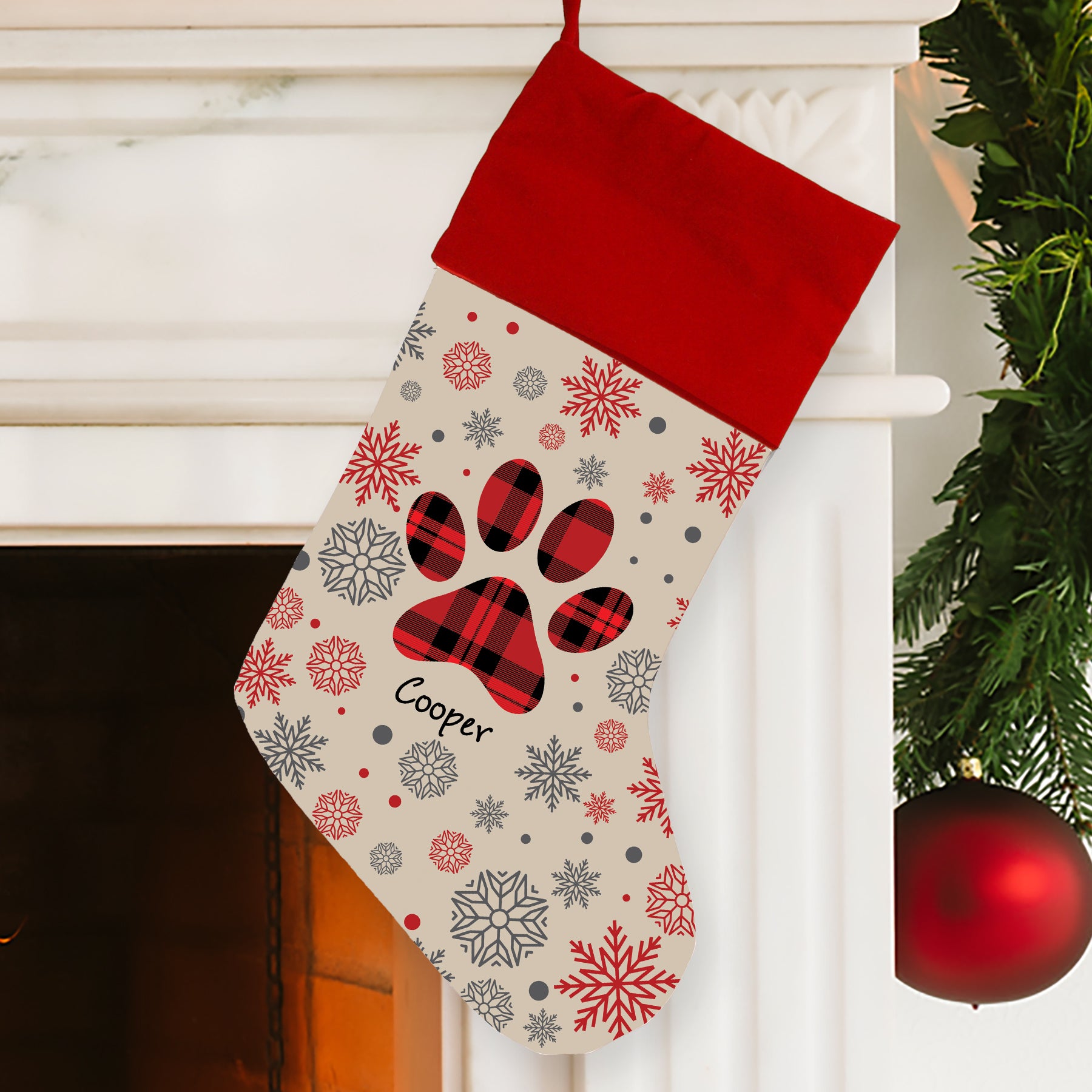 Personalized Red Plaid Paw Stocking