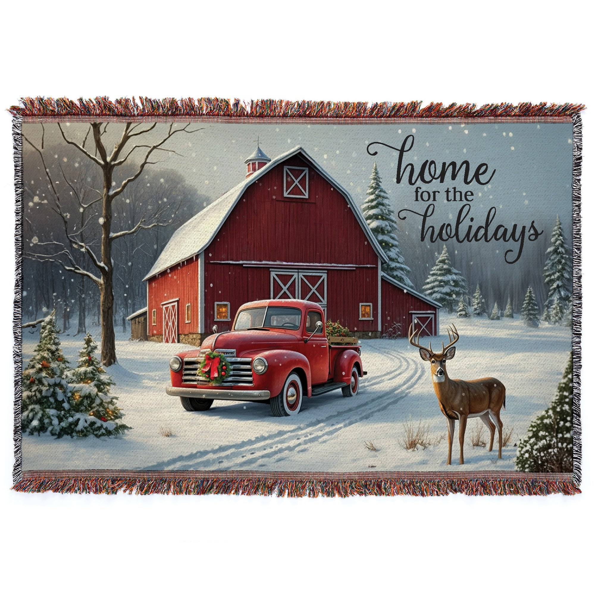 Home For the Holidays Red Barn Fringe Throw Blanket