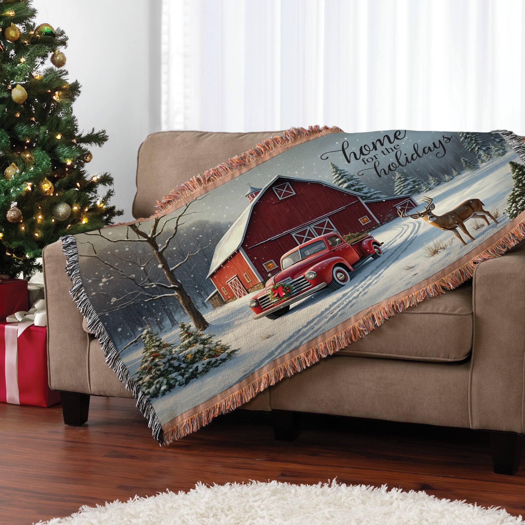 Home For the Holidays Red Barn Fringe Throw Blanket