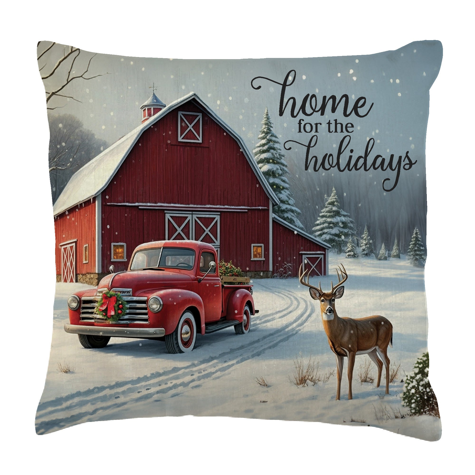 Home for the Holidays Red Barn Throw Pillow