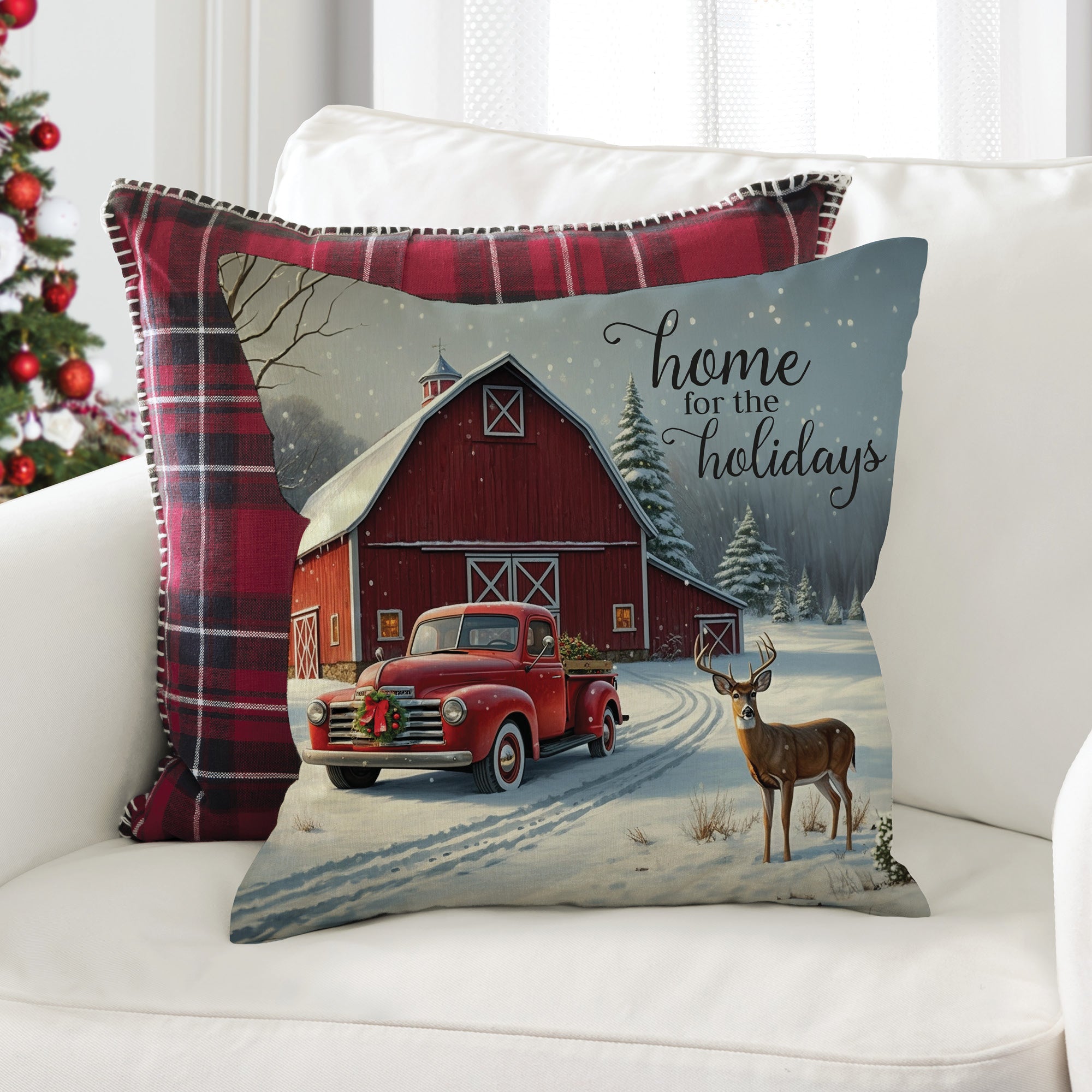 Home for the Holidays Red Barn Throw Pillow