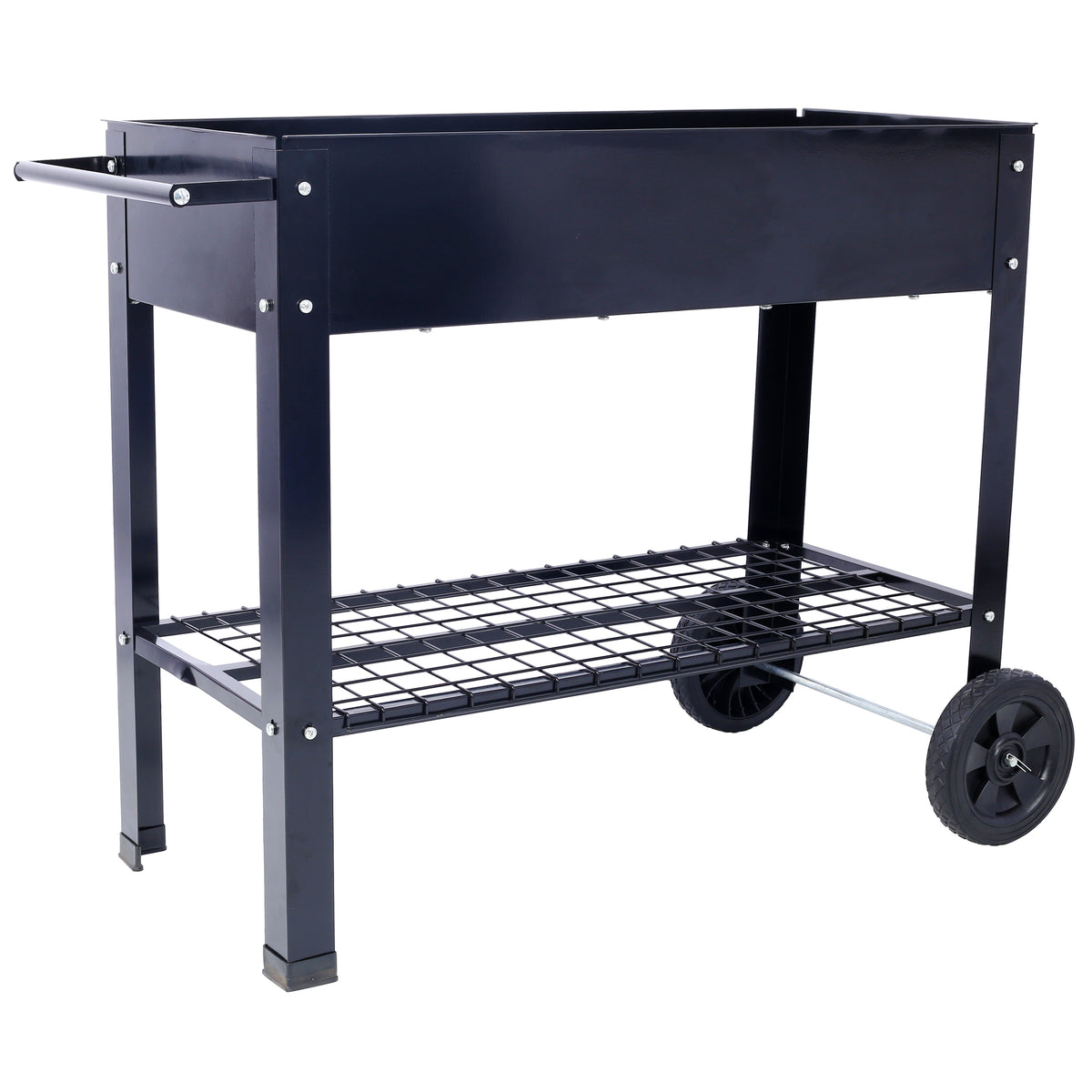 Products Elevated Mobile Raised Ergonomic Metal Planter Garden Bed for Backyard, Patio w/Wheels, Lower Shelf, black - image 4