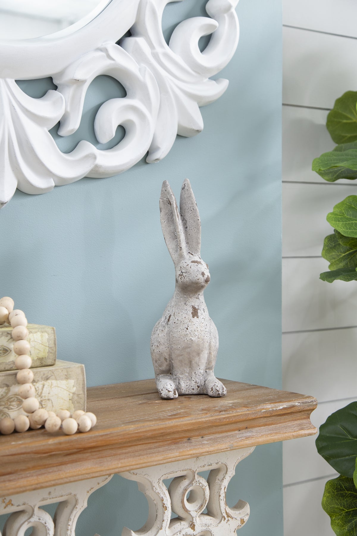 5.3x4.5x12.8" Weathered Cement Cream Rabbit Statue - image 10