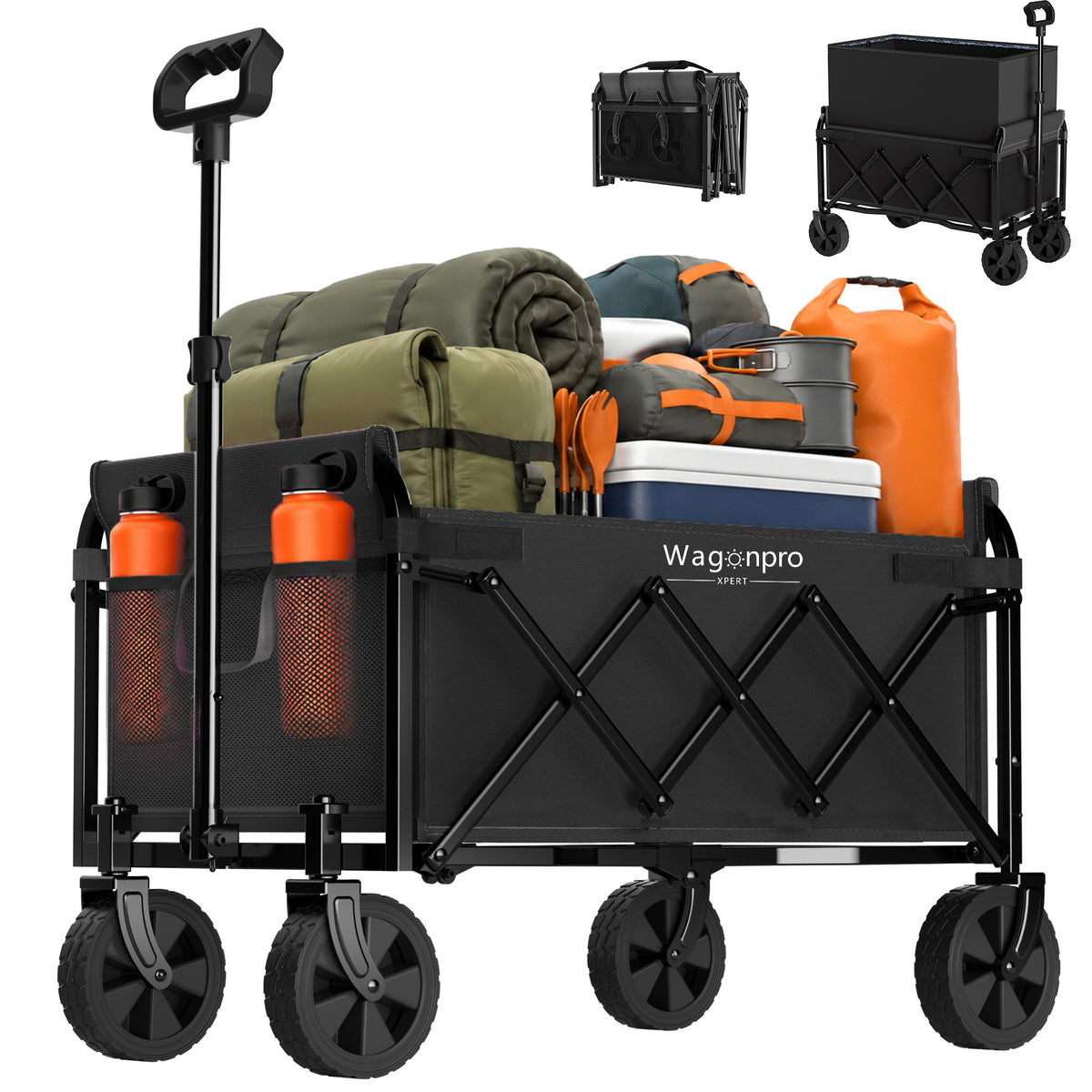 Expandable Dual-Layer Utility Wagon with 100% Extra Space - 220lbs Grocery Cart for Camping, Shopping, Sports, Gardening, Fishing, Black