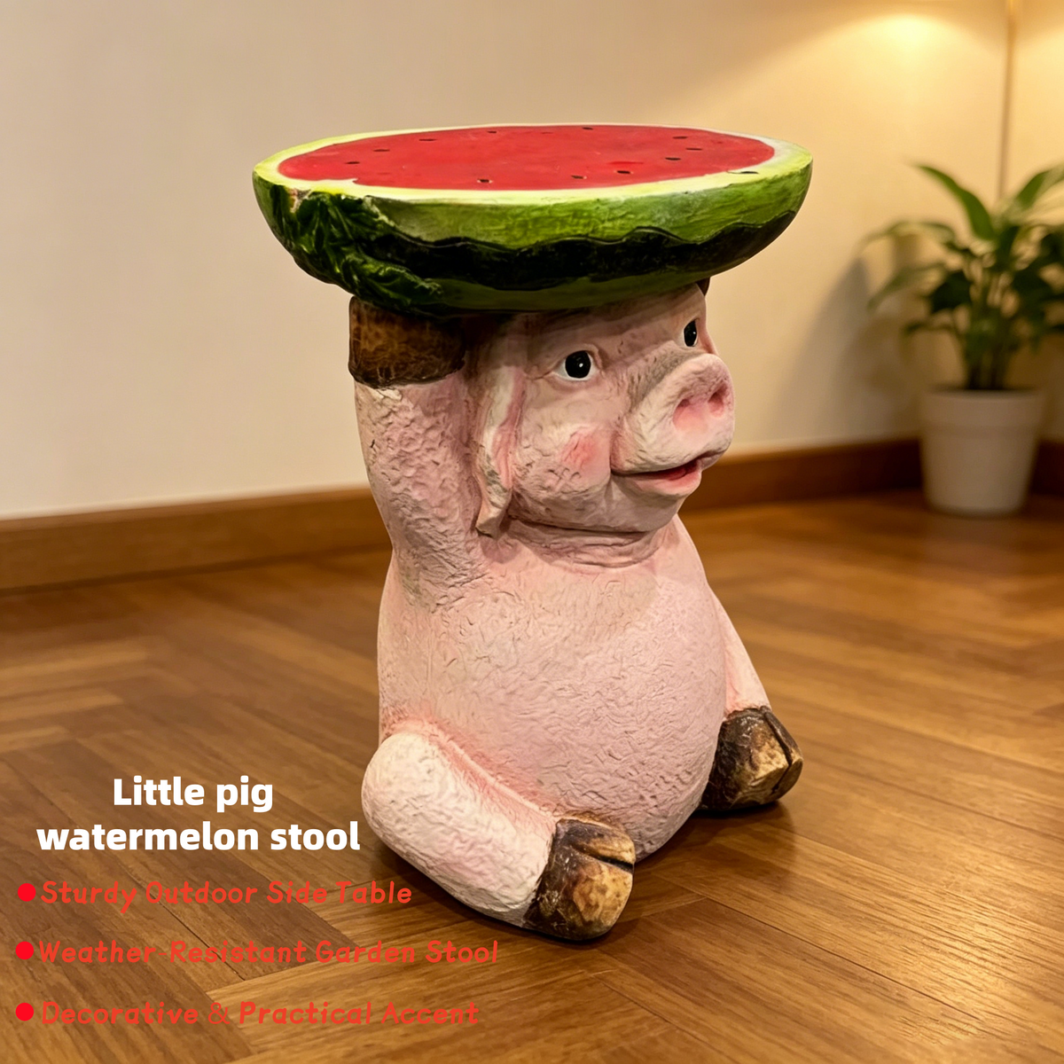 13.39" High Cute Pig Side Table, 11.34" Wide Pig with Watermelon Top, Multi-Functional Plant Stand & End Table for Home & Garden Decoration - image 2