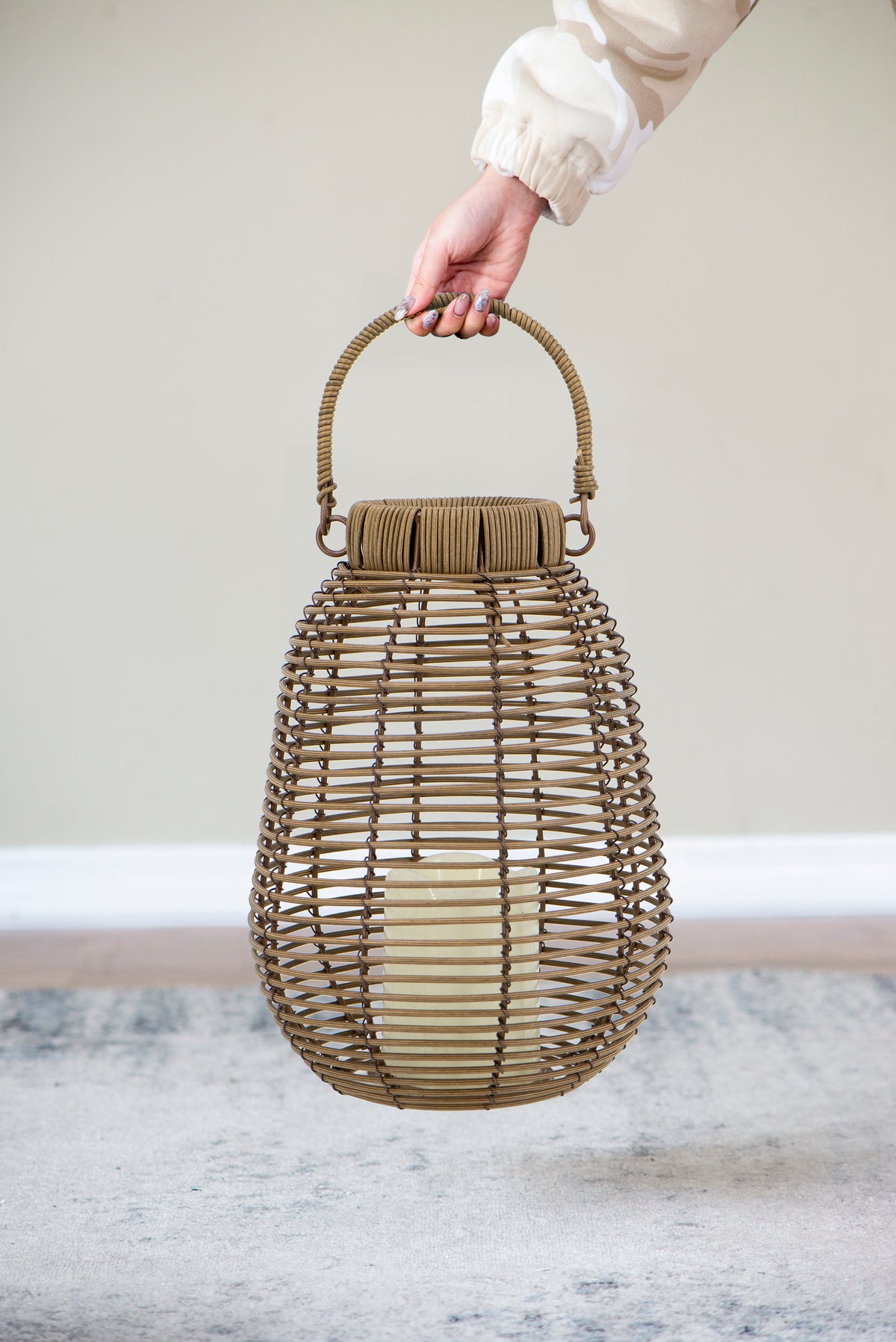 7.9x7.9x10.6" Brown Poly Rattan Lantern With White LED Candle