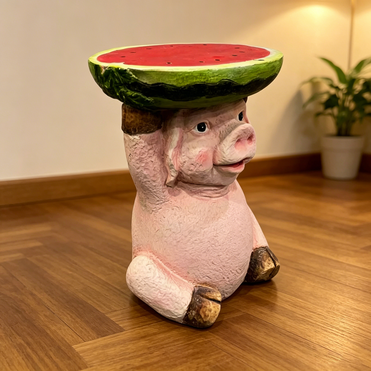 13.39" High Cute Pig Side Table, 11.34" Wide Pig with Watermelon Top, Multi-Functional Plant Stand & End Table for Home & Garden Decoration - image 6