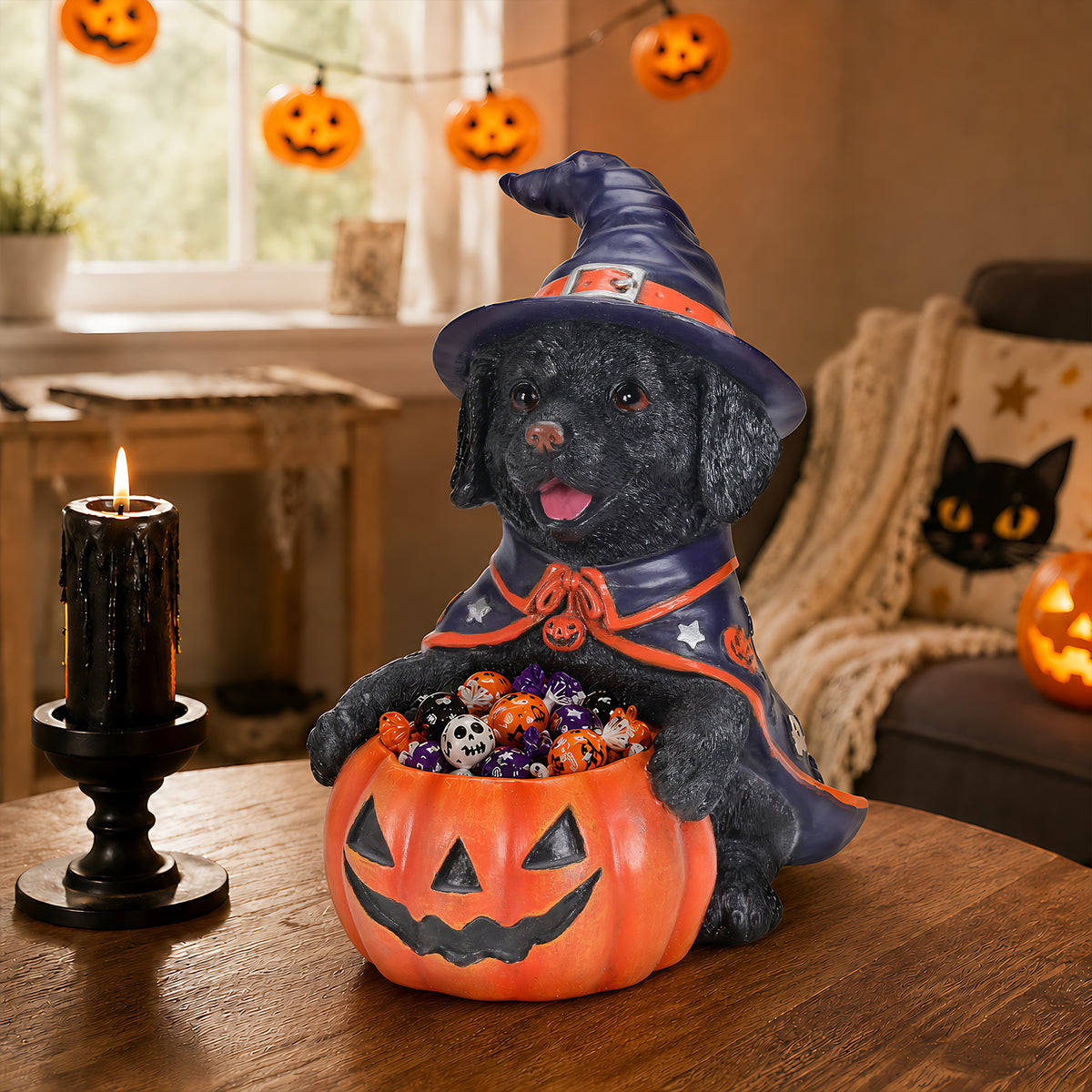 Halloween Black Labrador Retriever Witch Puppy Figurine, Cute Dog Holding Pumpkin Candy Bowl Decoration - image 11