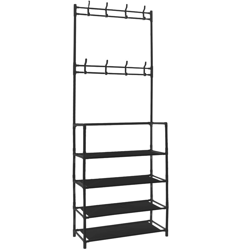 Entryway Shoe & Coat 4-Tier Clothing Organizer Rack with 8 Hooks