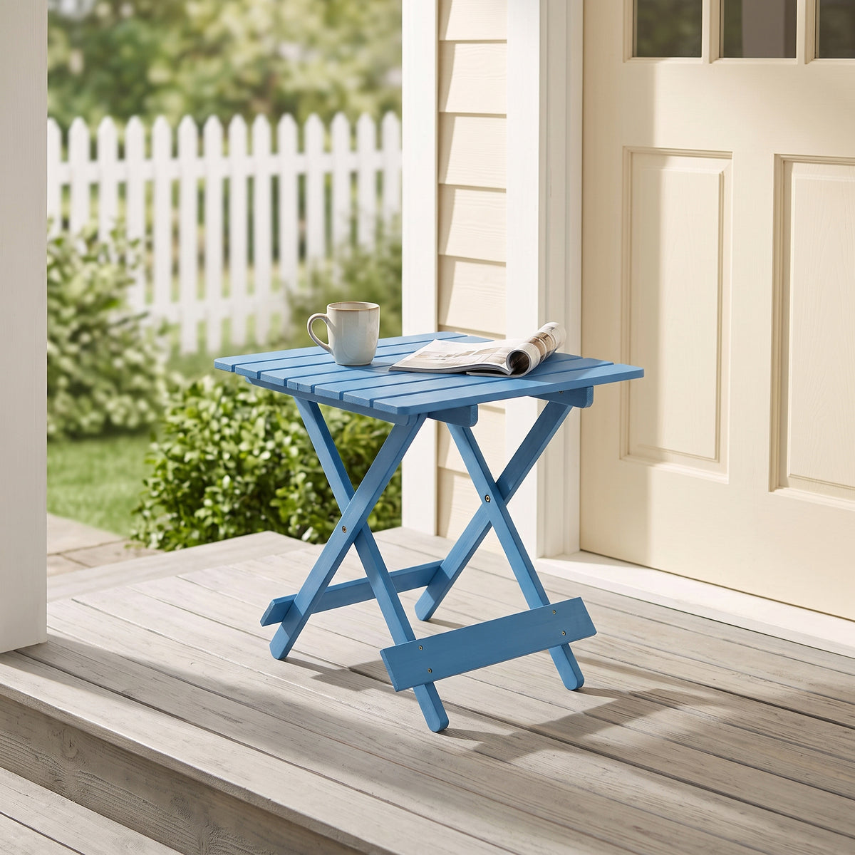 Folding Square Table Patio Outdoor solid wood Table for Backyard, Balcony, Portable Design Space-Saving Blue Color - image 9