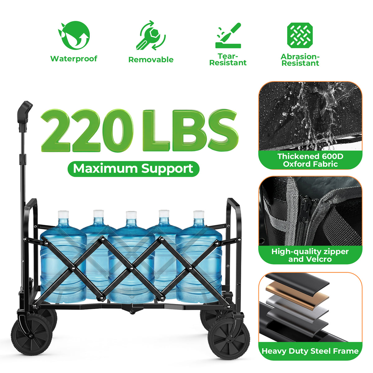 Expandable Dual-Layer Utility Wagon with 100% Extra Space - 220lbs Grocery Cart for Camping, Shopping, Sports, Gardening, Fishing, Black - image 4