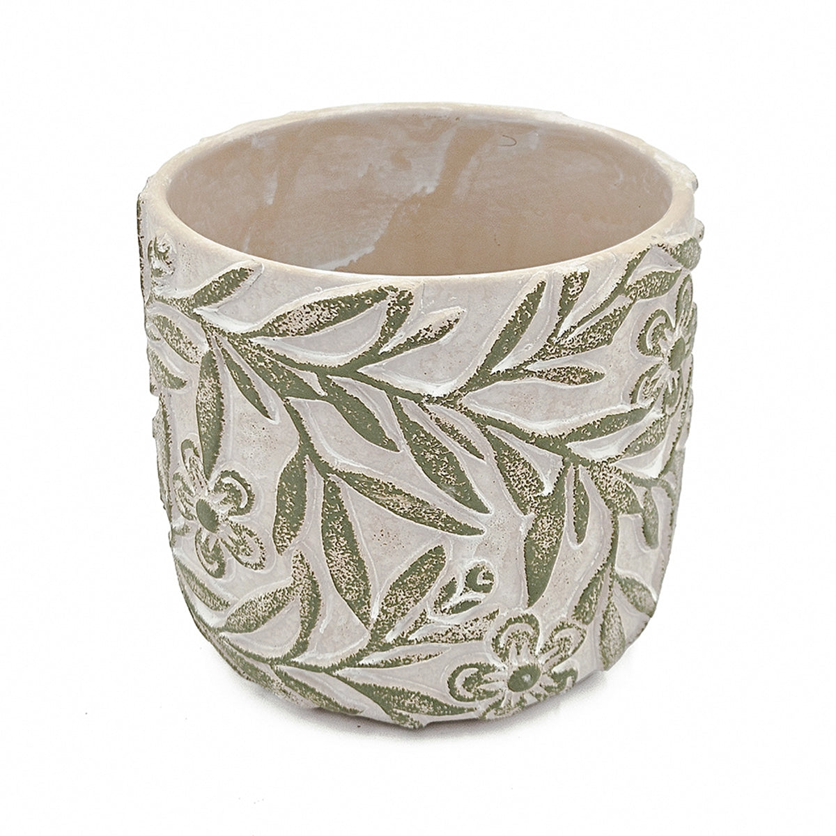 S/2 Gray Sand and Cement Planters with Etched Green Floral Motif, L:D6.7x6.3" S:D5.5x5" - image 6
