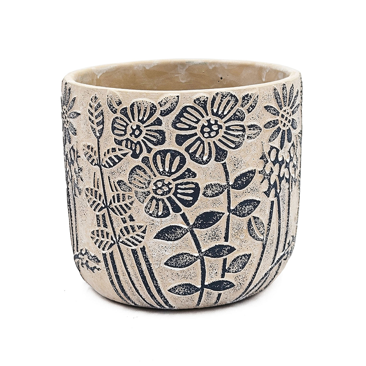 S/2 Gray Sand and Cement Planters with Blue Floral Motif, L:D7x6.7" S:D5.5x5" - image 6