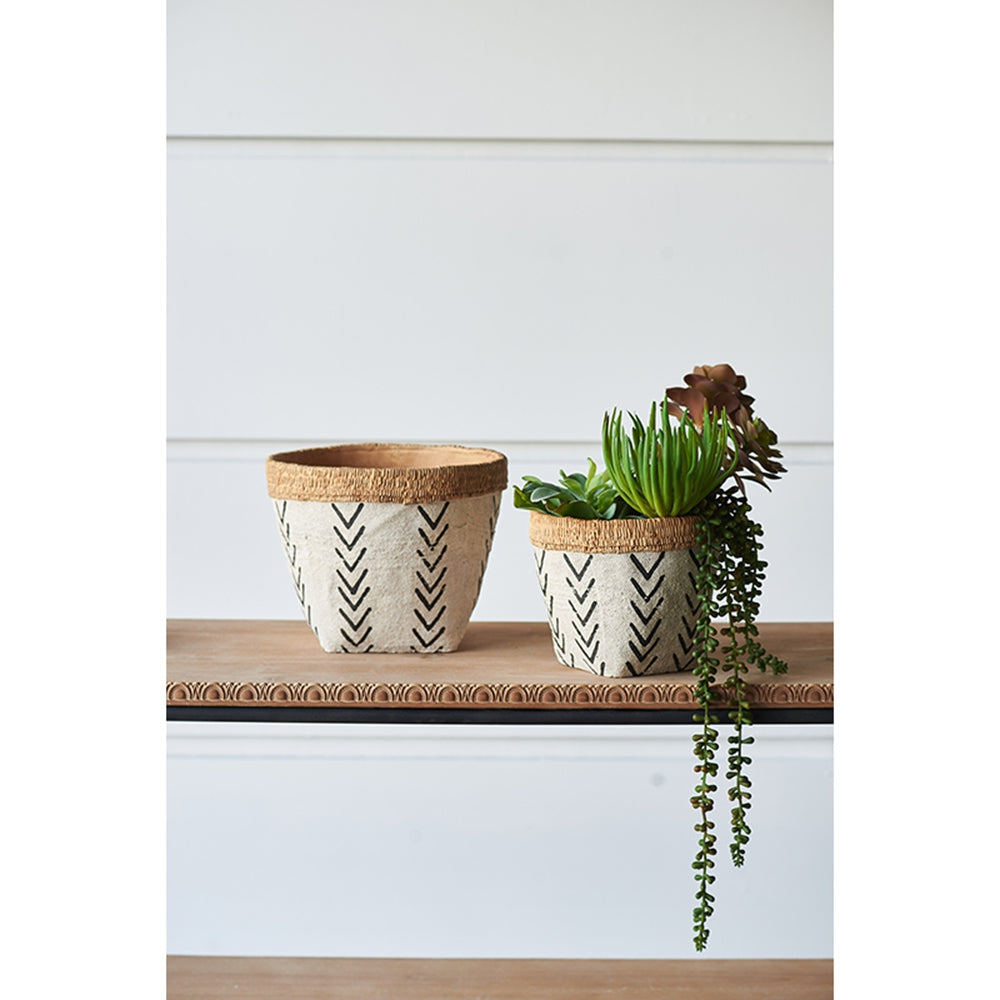 Set of 2 White and Brown Cement Planters with V Pattern, L:D10x8" S:D8x6.5"