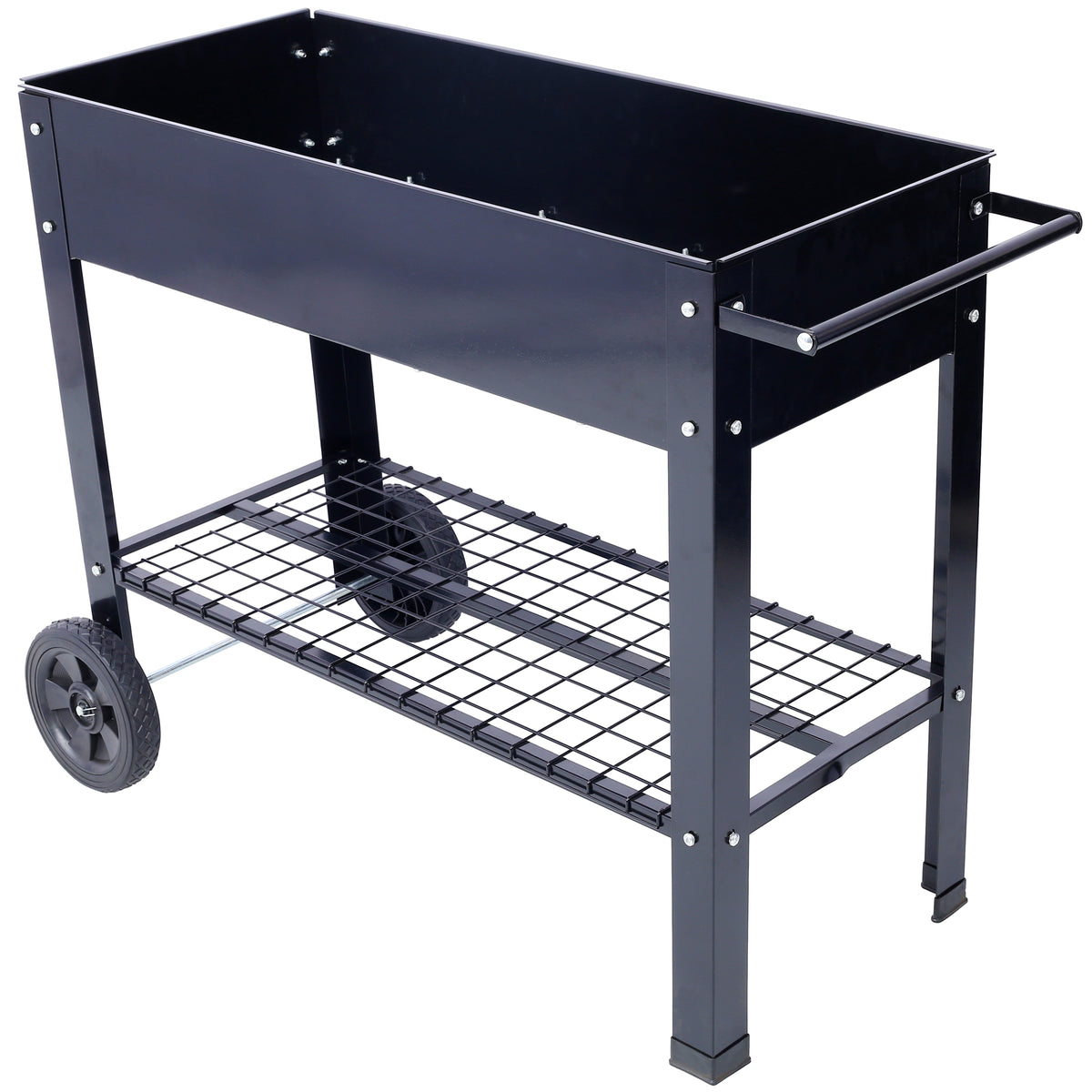 Products Elevated Mobile Raised Ergonomic Metal Planter Garden Bed for Backyard, Patio w/Wheels, Lower Shelf, black - image 2