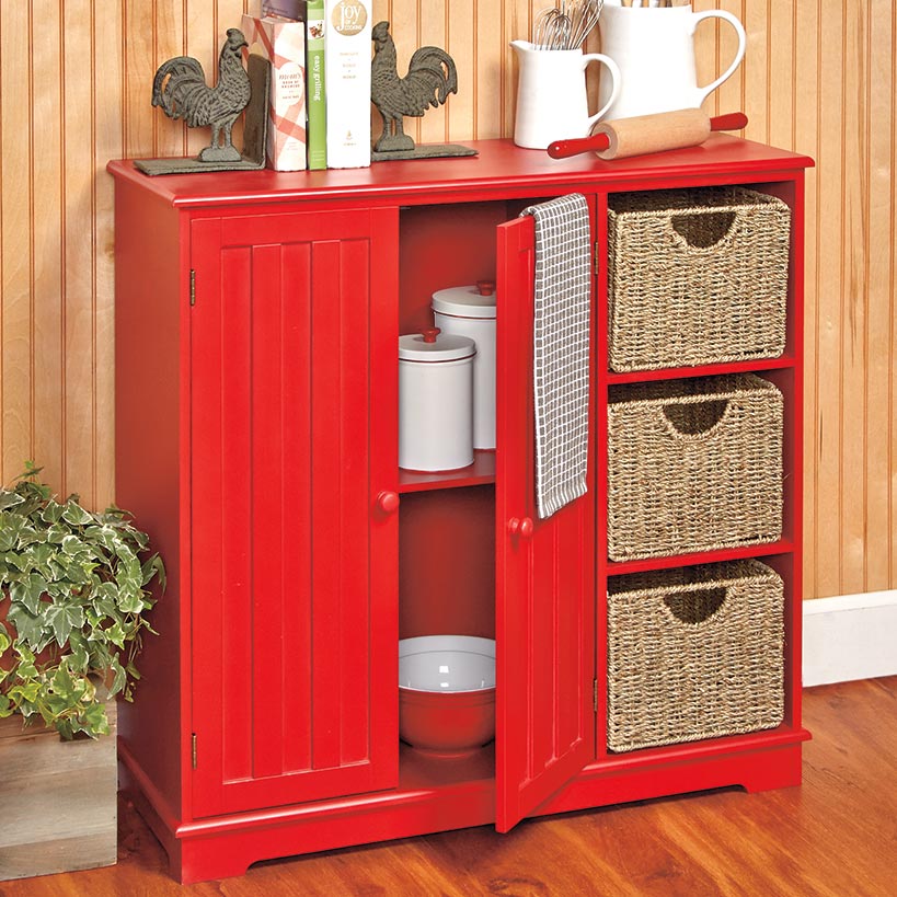 Beadboard Wooden Cabinet with 3 Storage Shelves and Cupboard