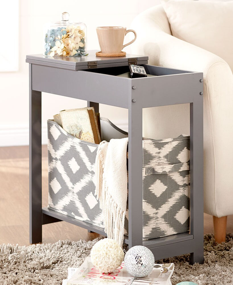 Narrow Wood Side Table with Flip-Top and Fabric Storage Bin