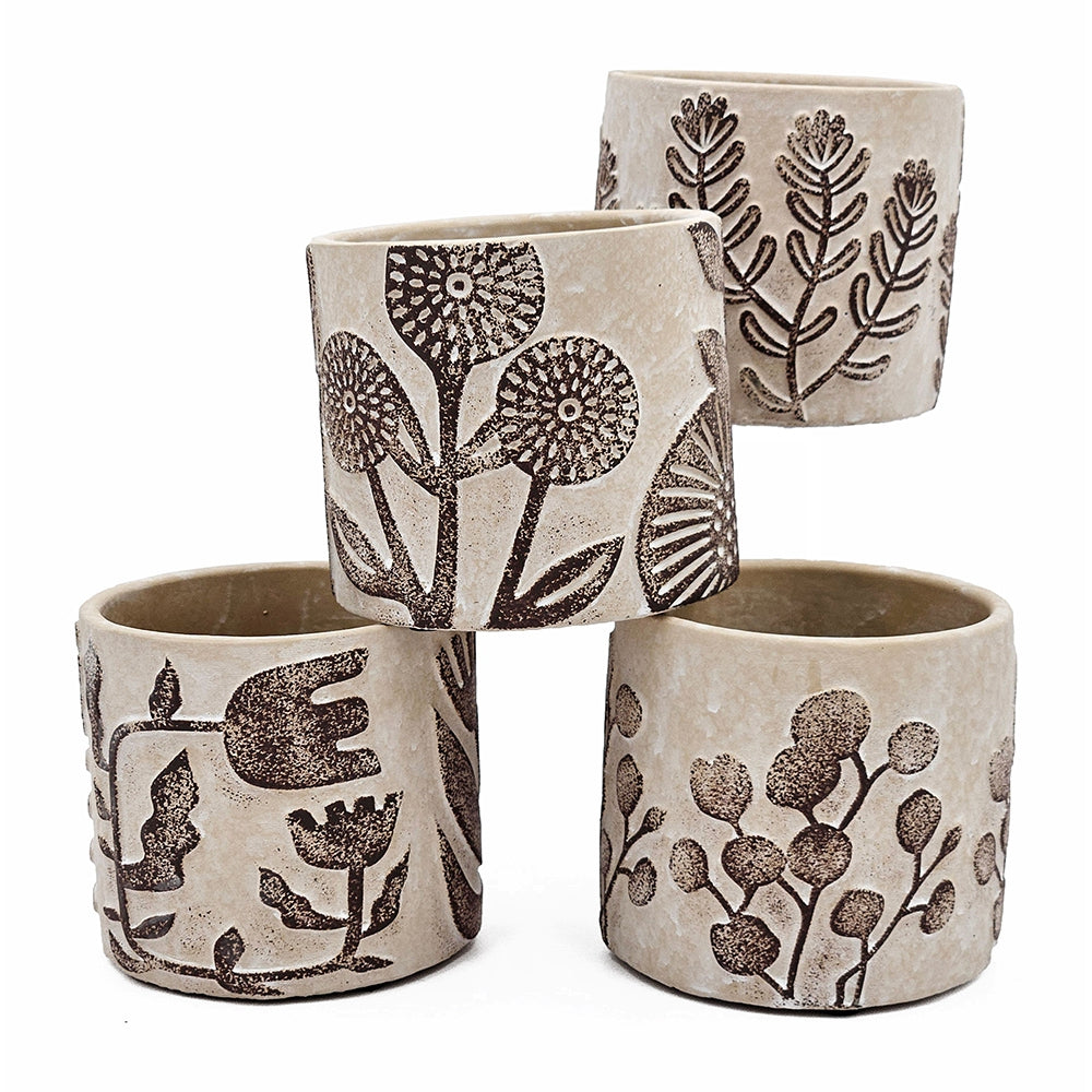 Set of 4 4.3x4.3x4" Gray Sand and Cement Planters with Brown Botanical Motifs - image 3