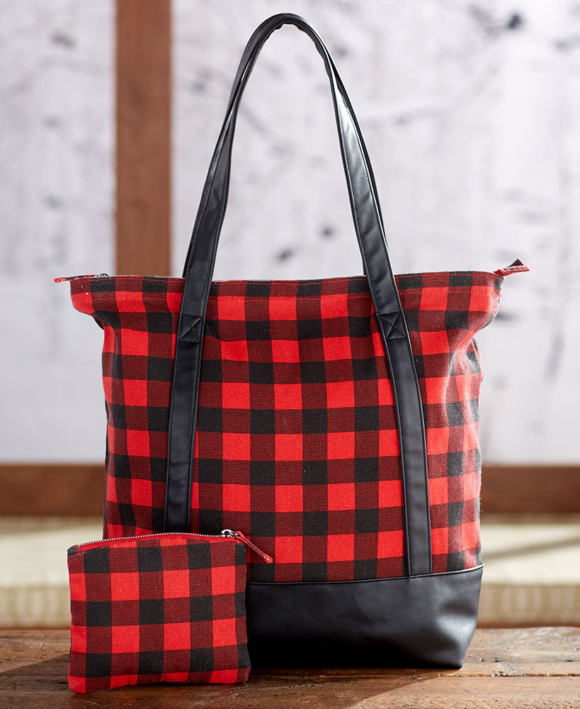 Women's Monogram Red Buffalo Plaid Tote Bag with Matching Purse Set