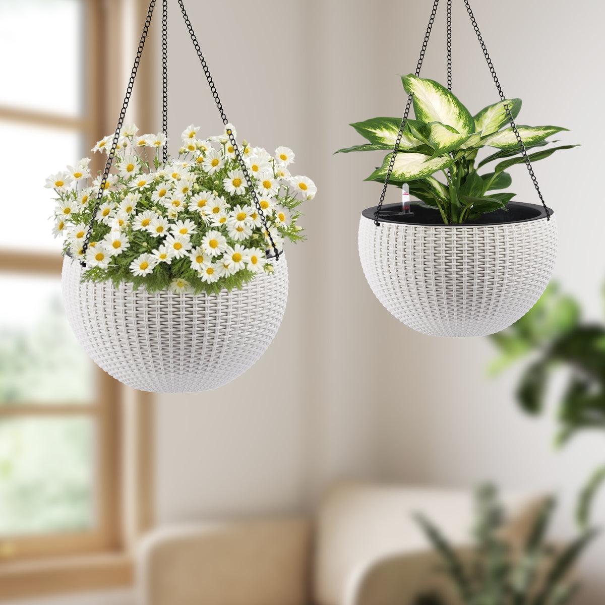 13.4 inch Self-Watering Hanging Rattan-Inspired Planter Large Capacity, Root-Rot Resistant Water Storage with Water Level Indicator, Dual-Use for Indoor & Balcony Decoration (Pack of 2, White) - image 9
