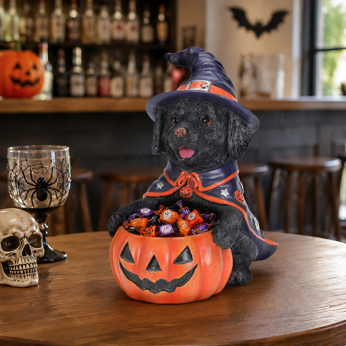 Halloween Black Labrador Retriever Witch Puppy Figurine, Cute Dog Holding Pumpkin Candy Bowl Decoration - image 12