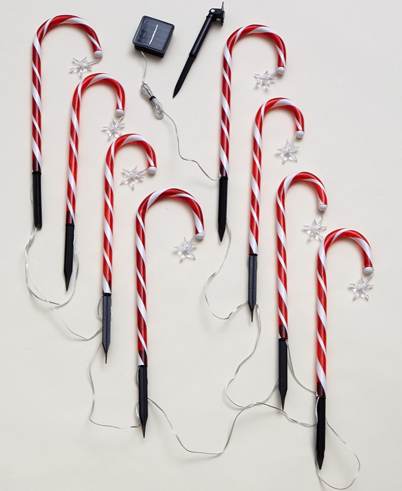 Set of 8 Solar Candy Cane Stakes with Star Accent
