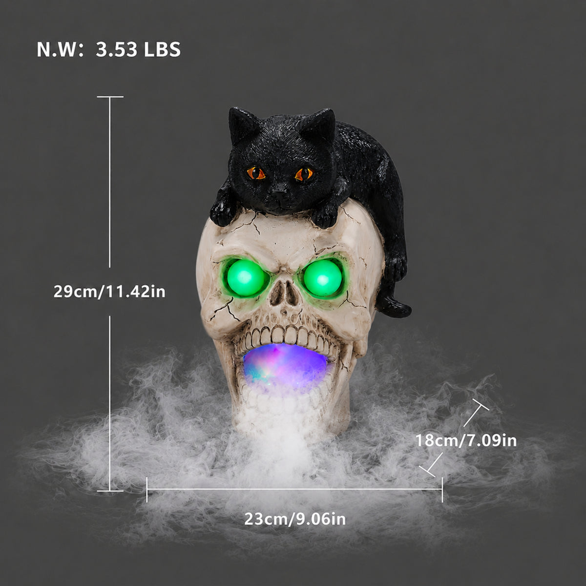 Halloween Black Cat Skull Statue with LED Light, Fog Smoke Effect Resin Decor - image 4
