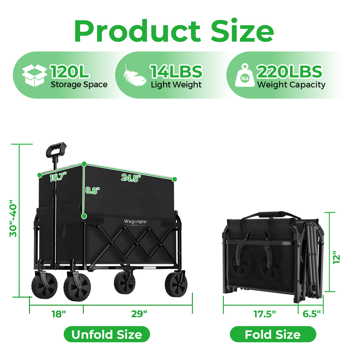 Expandable Dual-Layer Utility Wagon with 100% Extra Space - 220lbs Grocery Cart for Camping, Shopping, Sports, Gardening, Fishing, Black - image 5