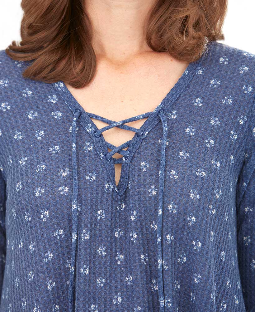 3/4-Sleeve Thermal Camo Tunic with Lace-Up Neck