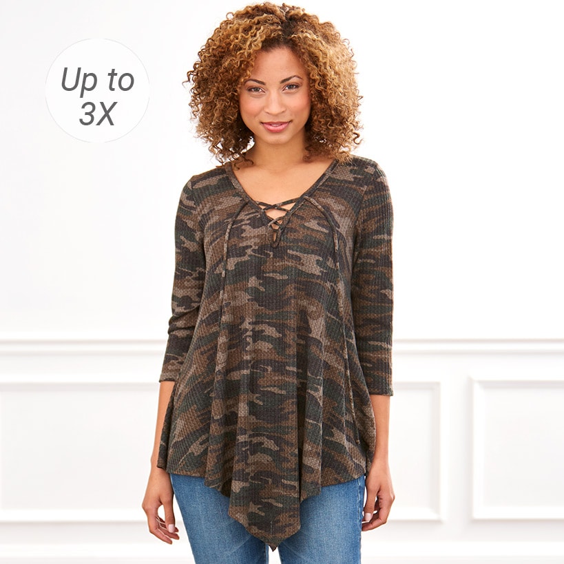3/4-Sleeve Thermal Camo Tunic with Lace-Up Neck
