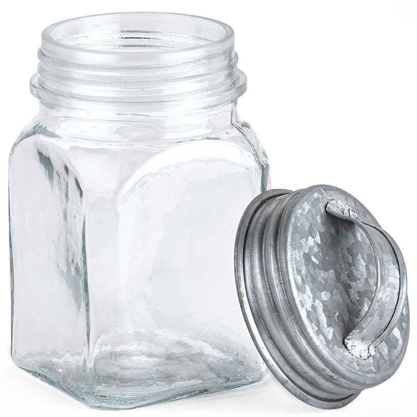 Set of 3 Glass Canisters in Galvanized Tray