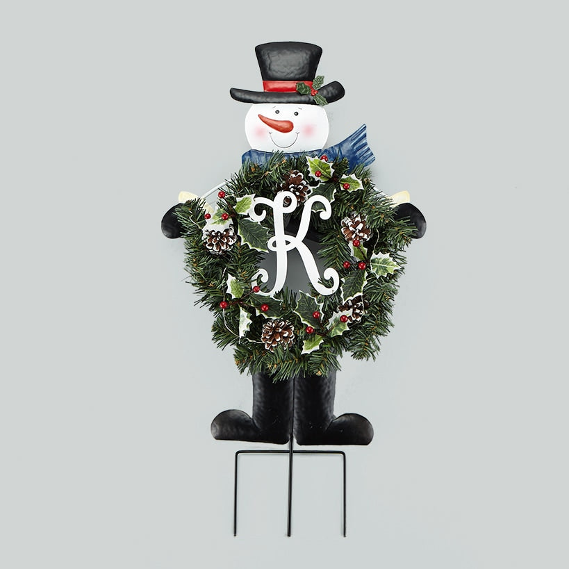 Solar Snowman Stake with Monogram Wreath