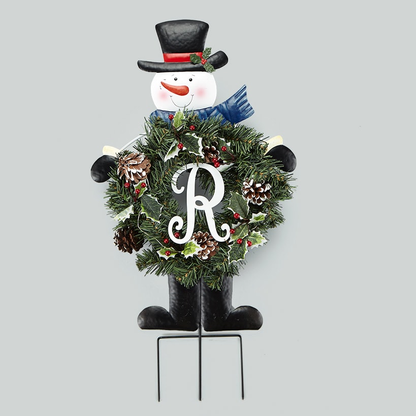 Solar Snowman Stake with Monogram Wreath