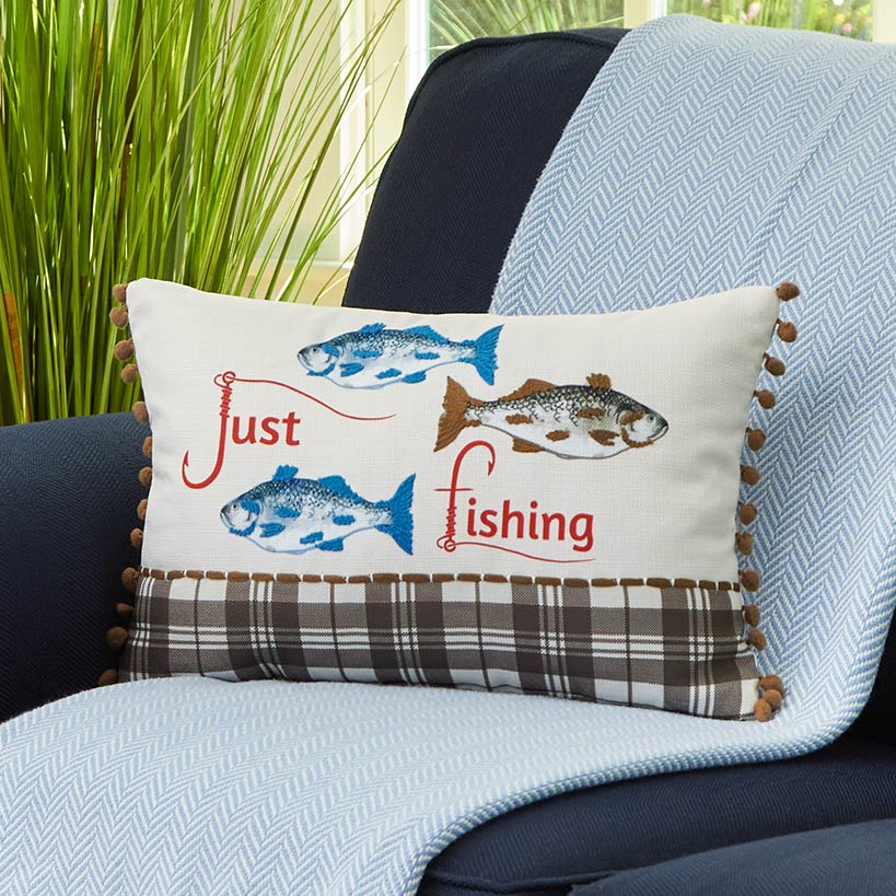 Fishing and Lake Themed Embroidered Decorative Pillow