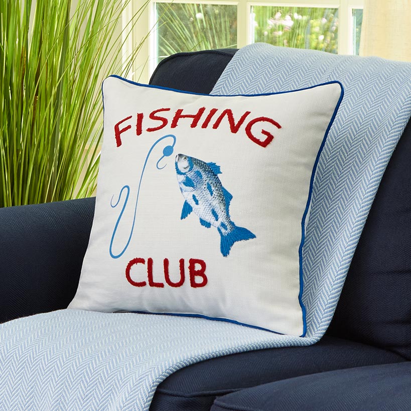 Fishing and Lake Themed Embroidered Decorative Pillow
