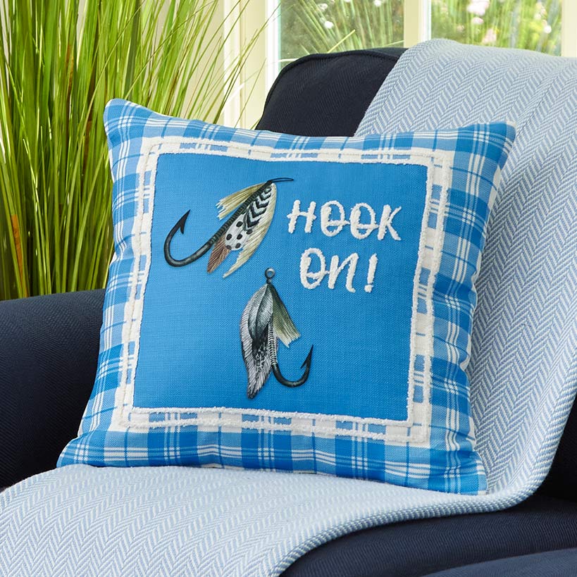 Fishing and Lake Themed Embroidered Decorative Pillow