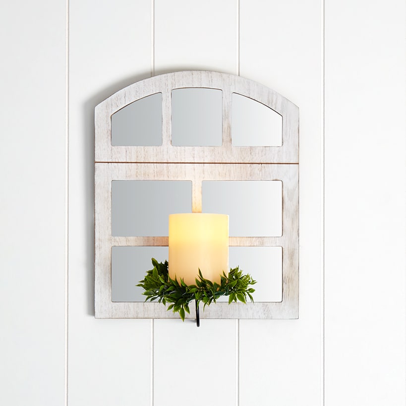 Windowpane Mirror Wall Sconce With Candle - Black, Natural, or White