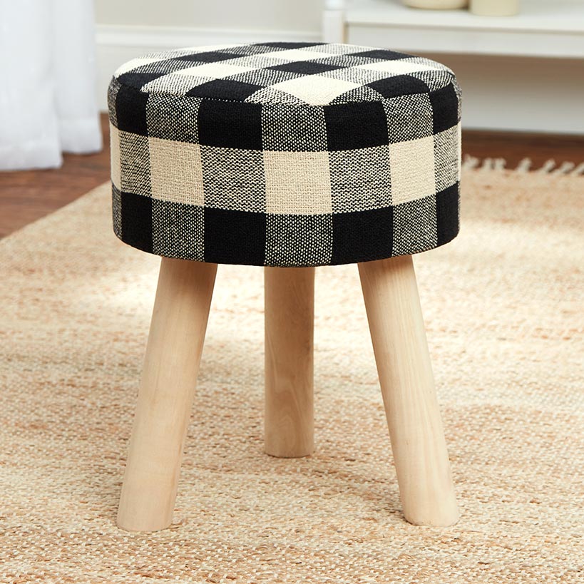 Buffalo Check Round Footstool Ottoman with Wood Legs - 16"H#select-color_black