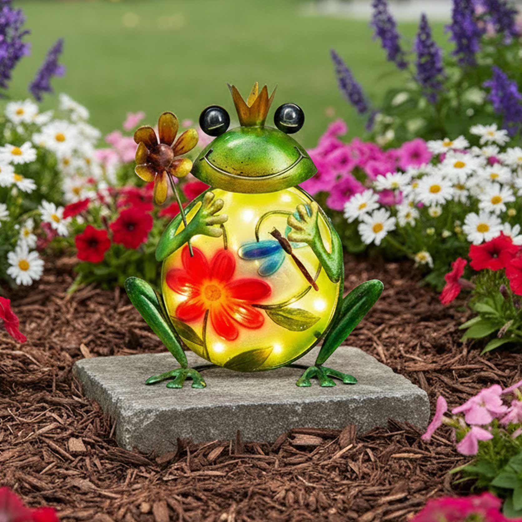 Solar Vibrant Frog Garden Statue With Flowers