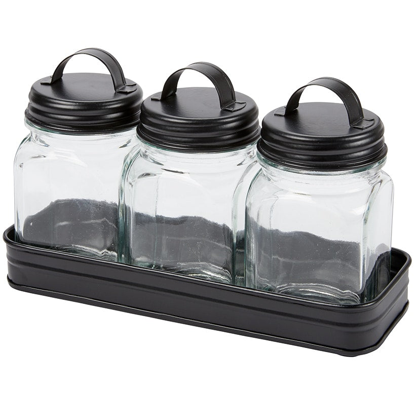 Set of 3 Glass Canisters in Galvanized Tray