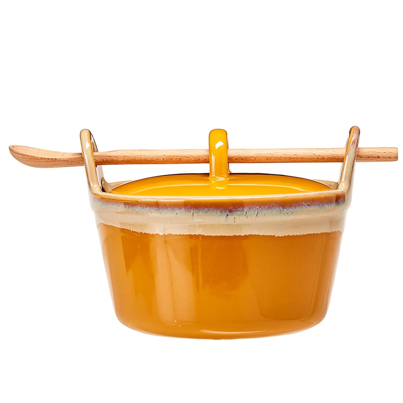 Stoneware Casserole Dish with Wooden Spoon