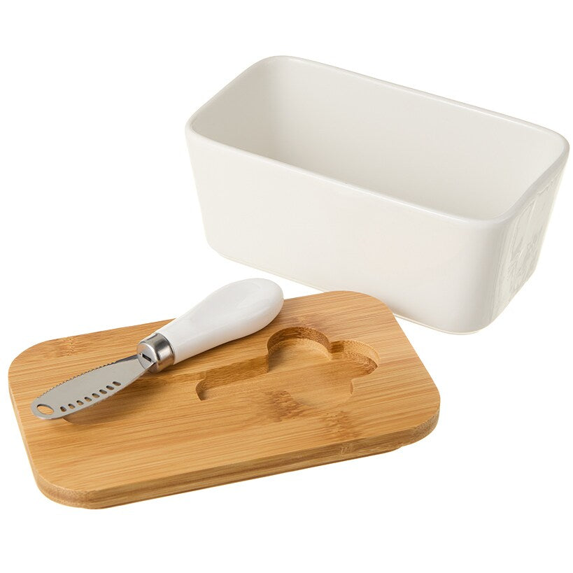 Countertop Ceramic Butter Dish with Bamboo Lid - Knife Included
