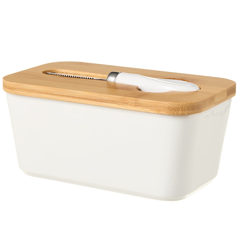 Countertop Ceramic Butter Dish with Bamboo Lid - Knife Included