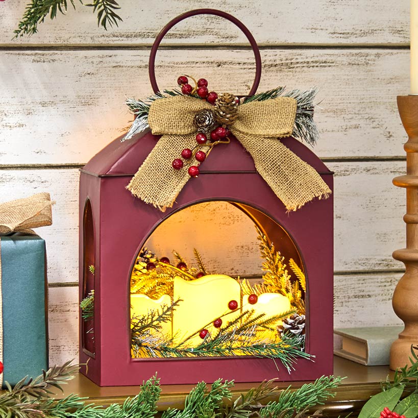 Christmas Country Red Lantern With LED Candle Trio